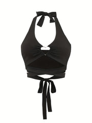 Y2K Sexy Backless Halter Top Heart Ring Linked Lace Up Halter Top