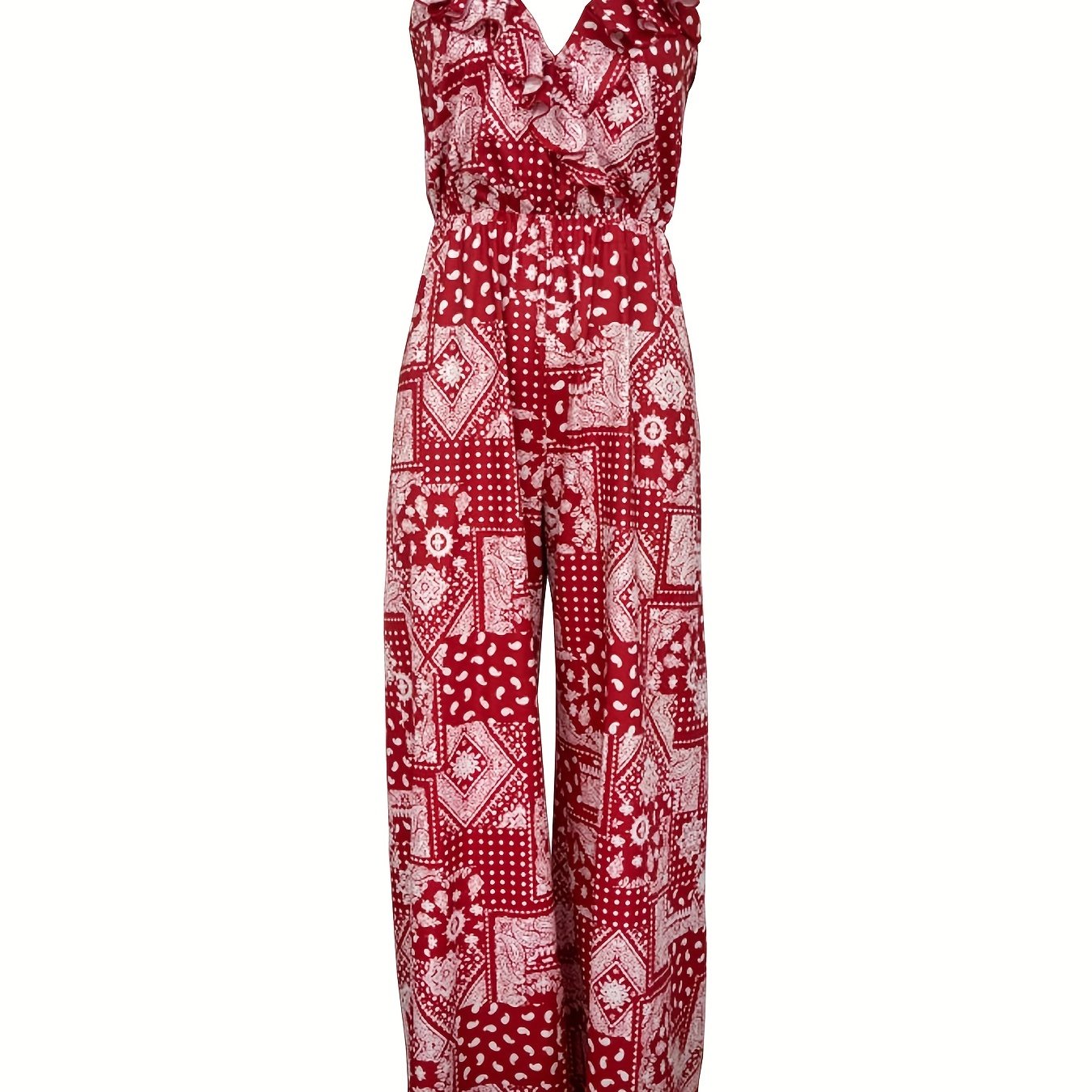 Floral Print Wide Leg Ruffle Trim Jumpsuit Boho Sleeveless Jumpsuit
