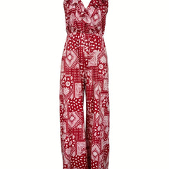 Floral Print Wide Leg Ruffle Trim Jumpsuit Boho Sleeveless Jumpsuit