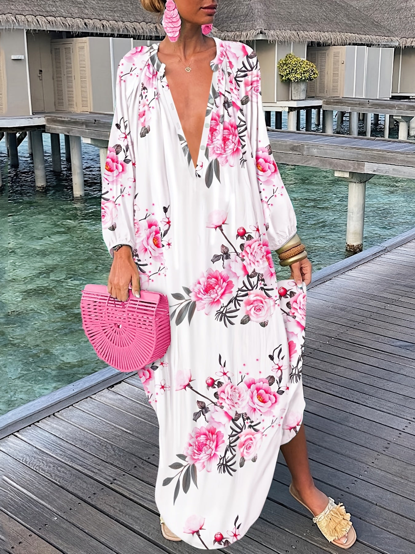 Graphic Print Long Sleeve Maxi Dress Women's Clothing