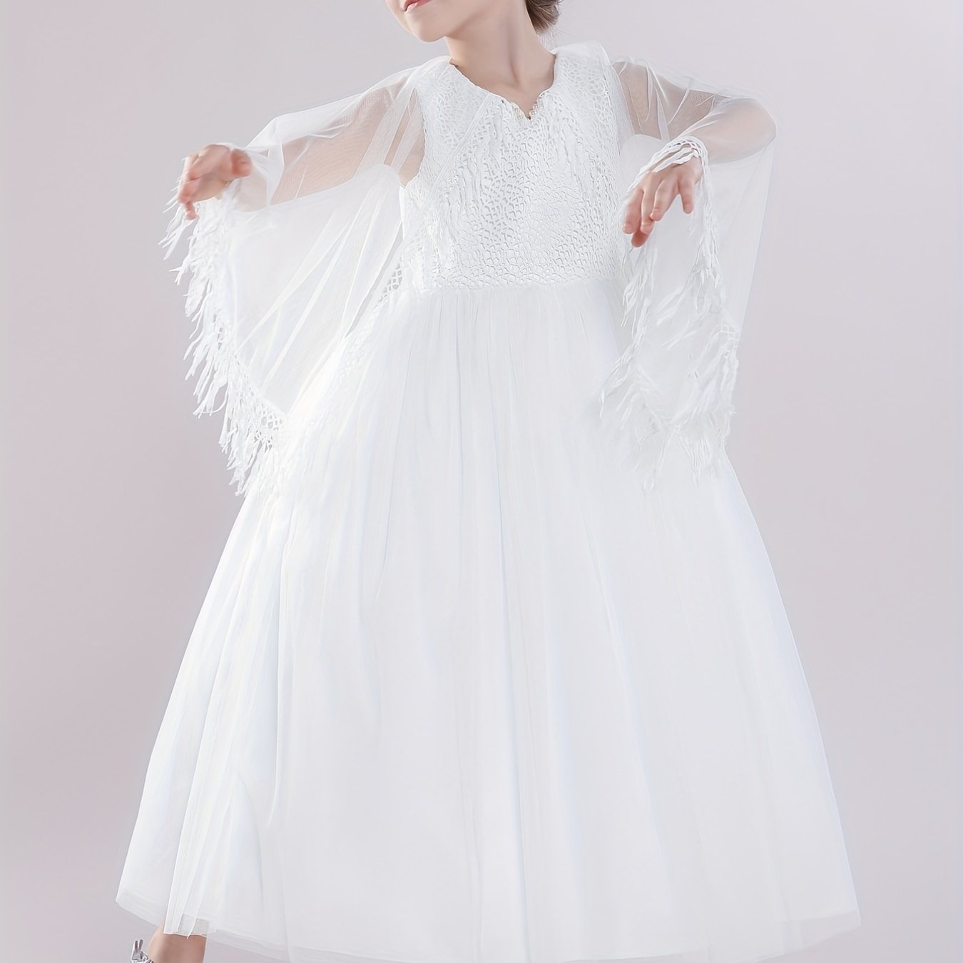 Kids Evening Mesh Tutu Dress With Tassel Lace Fluffy Sleeve Long