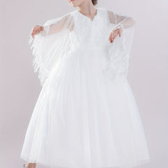 Kids Evening Mesh Tutu Dress With Tassel Lace Fluffy Sleeve Long