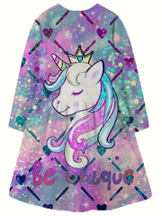 Girls Dreamy Unicorn Graphic Long Sleeve Dress