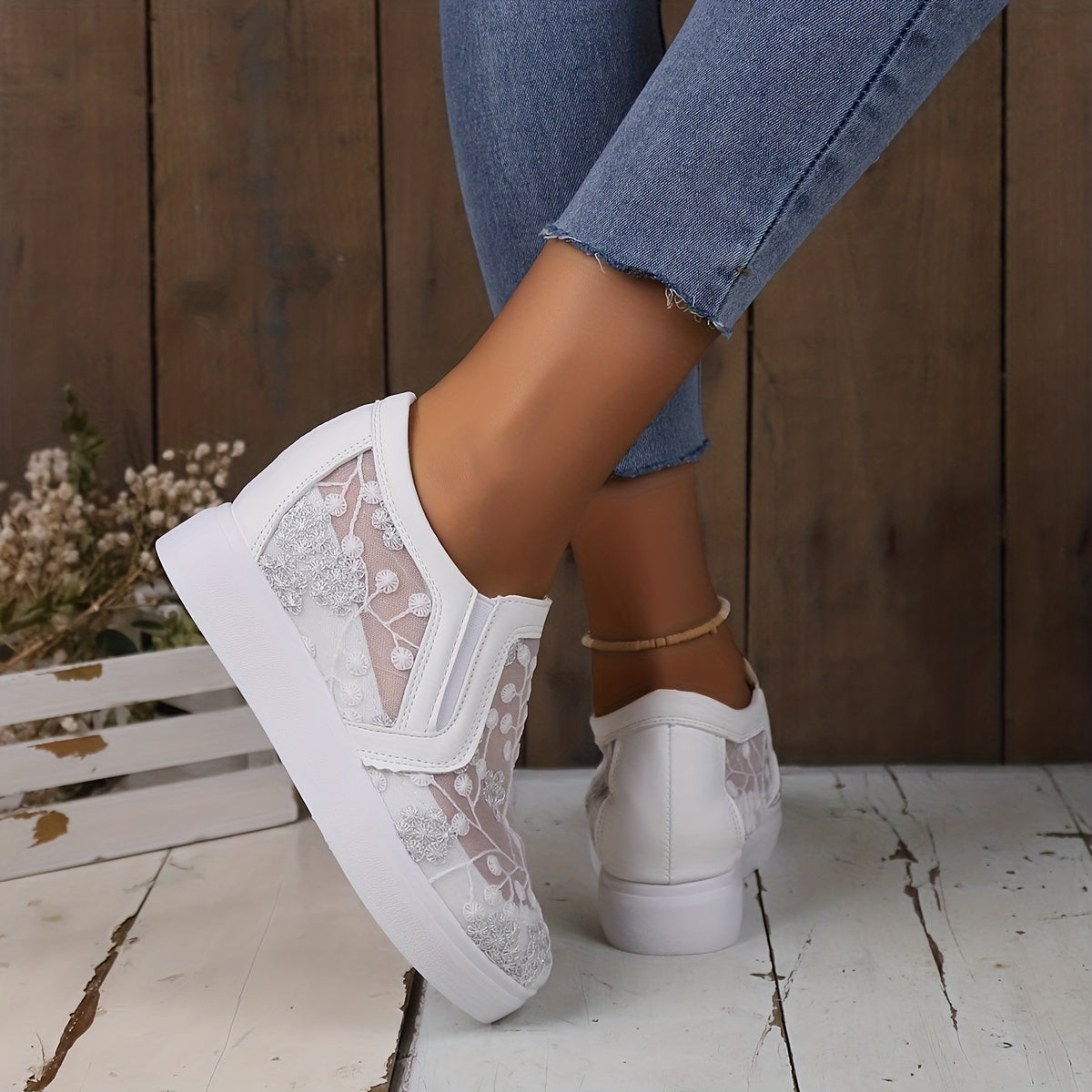 Women's Mesh Wedge Sneakers Floral Embroidered Low Top Slip On Shoes