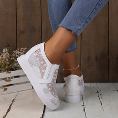 Women's Mesh Wedge Sneakers Floral Embroidered Low Top Slip On Shoes