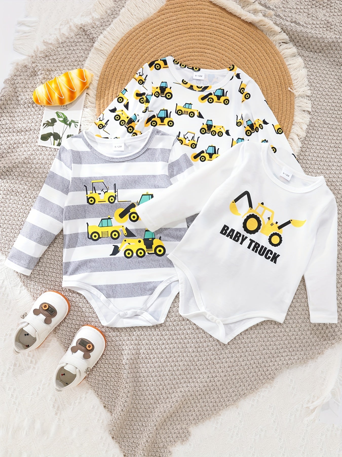 Baby Boys Excavator Print Bodysuits 3pcs Set