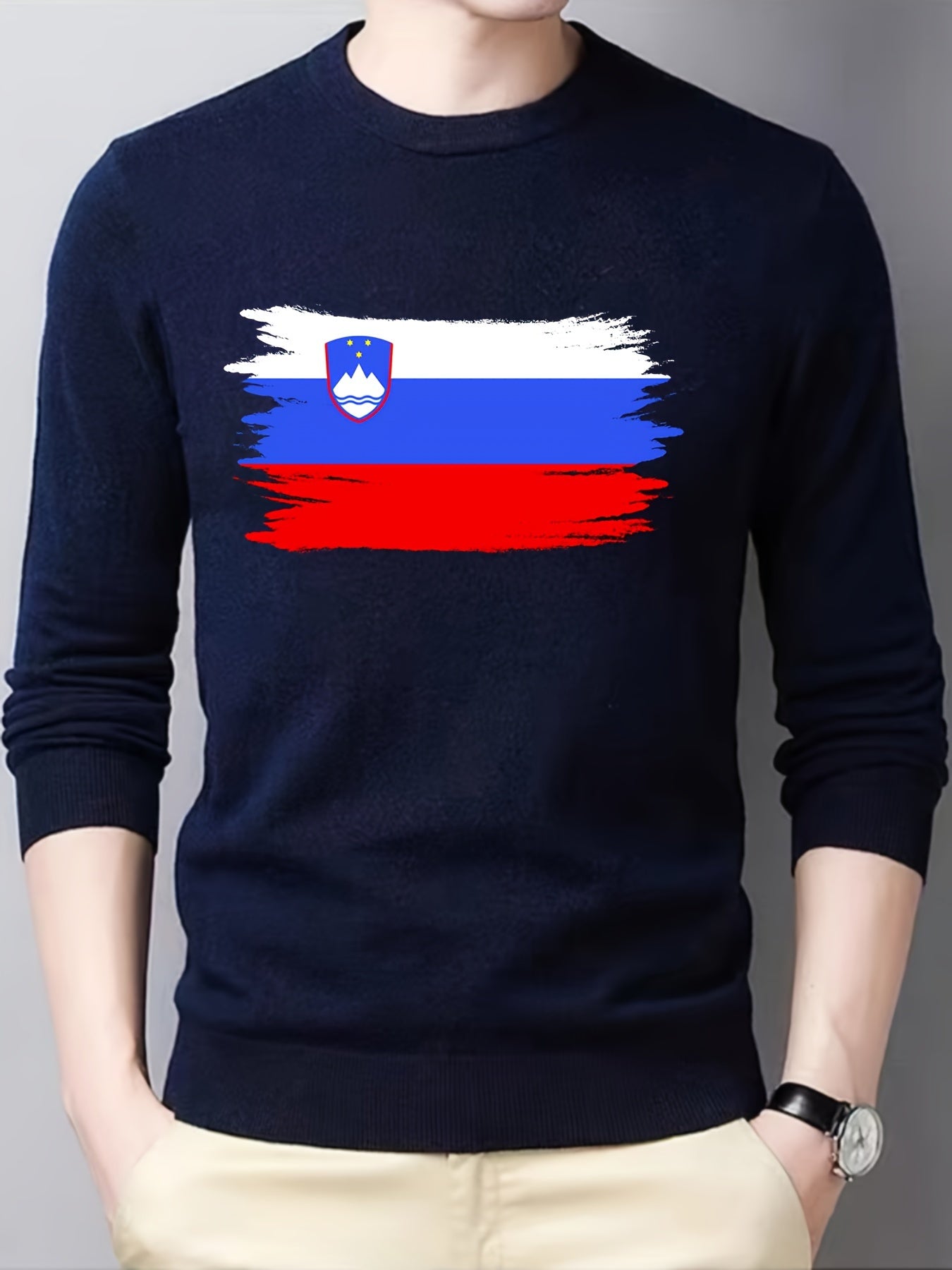 Slovenia Flag Print Men's Long Sleeve T shirt Slim Fit Crew Neck Tops