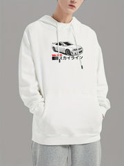 Japanese Characters & Car Print Hoodie for Men