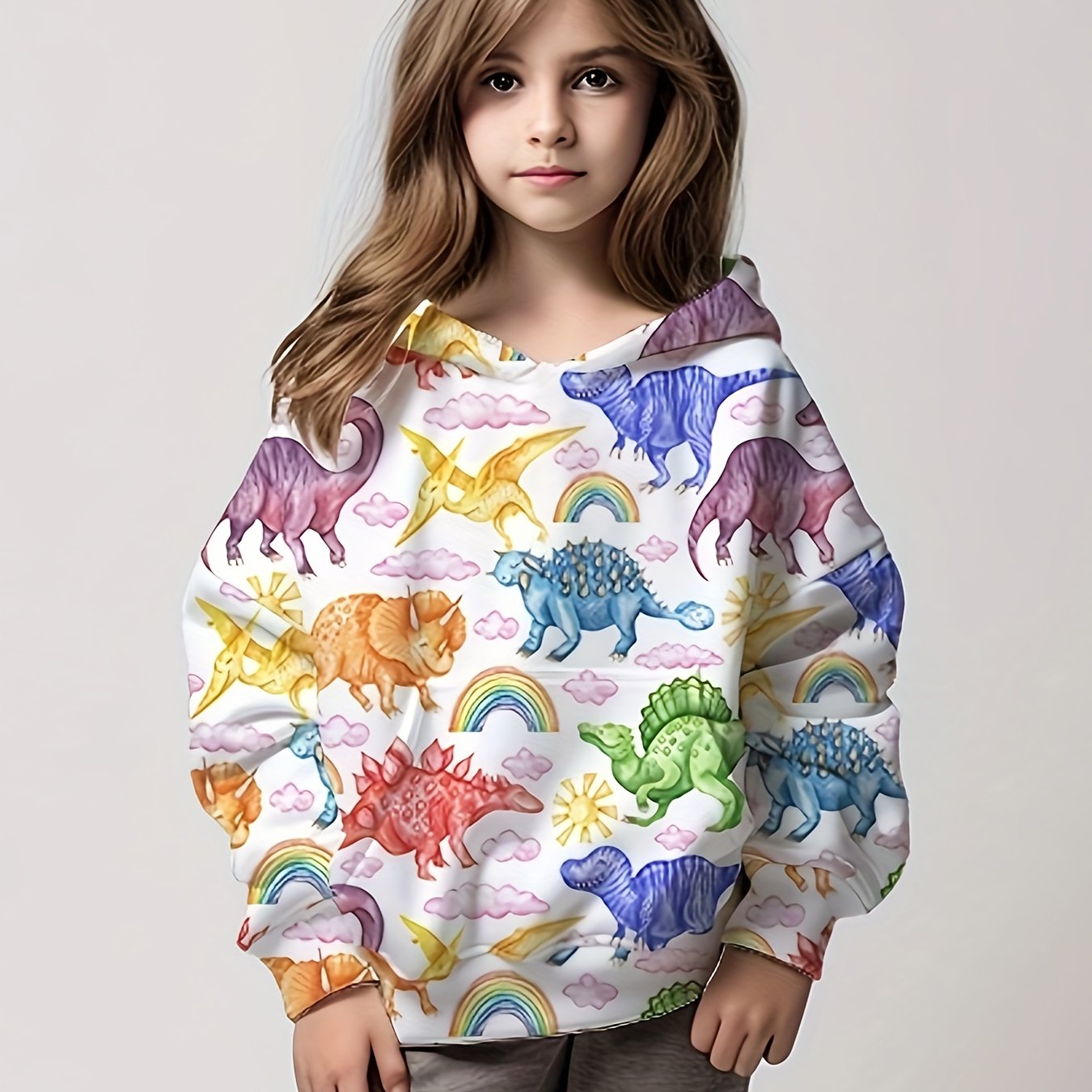 Girls Dino Painting Graphic Hoodie Spring Fall 4-14y
