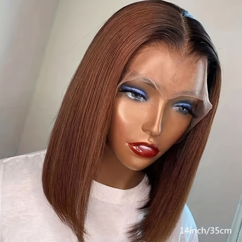 High Density Brown Short Straight Bob Cut Lace Front Human Hair Wig