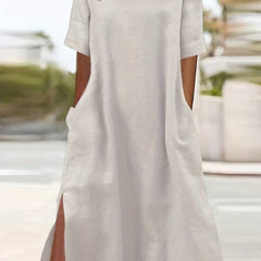Solid Dress Crew Neck Short Sleeve Maxi Dress