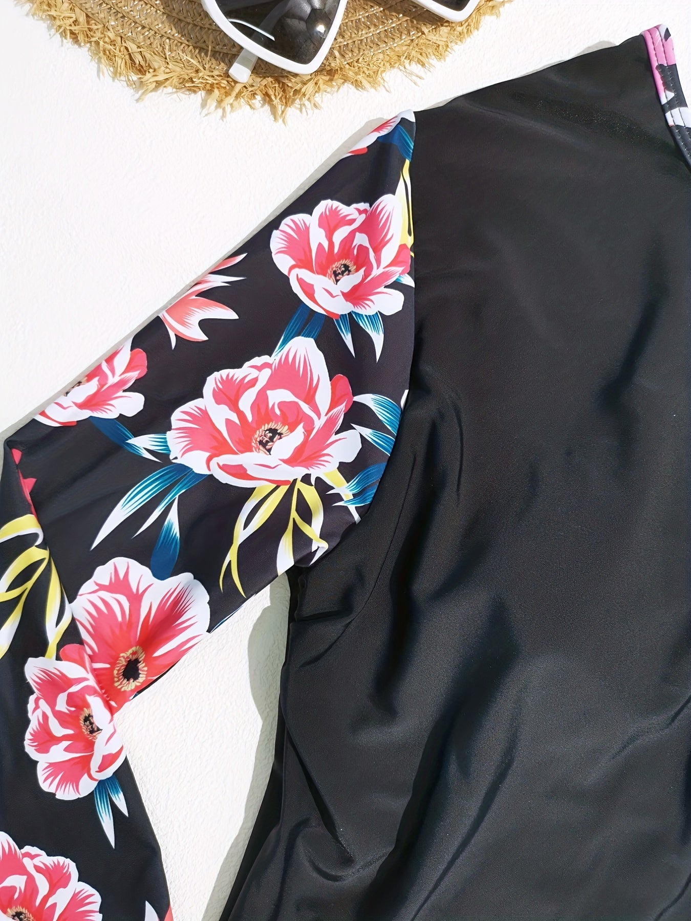 Plus Floral Print Top & Bikini Set, Long Sleeve, Modest Style
