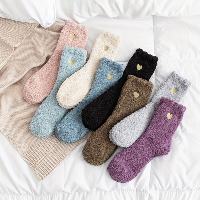 4 Pairs Heart Print Socks Comfy & Warm Fuzzy Stockings
