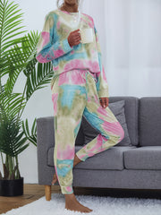 Tie Dye Print Lounge Set Long Sleeve Crew Neck Top & Elastic Waistband Pants