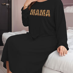 Leopard Letter Print Long Sleeve Tee Sleep Dress