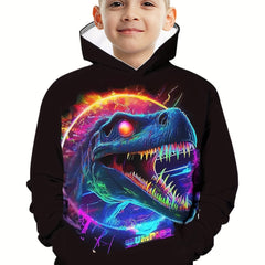 Dino Print Boys Casual Pullover Hoodie For Spring Fall