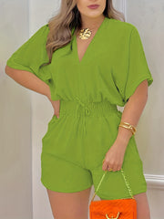 Shirred Drawstring Waist Romper Jumpsuit V neck Casual Women's Clothing