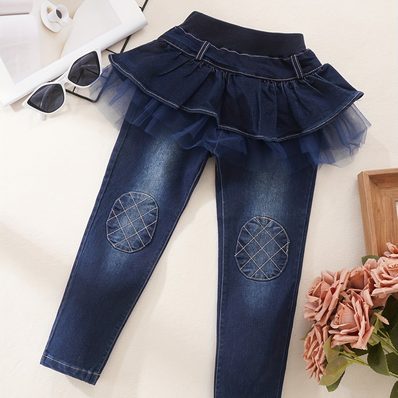 Girls Ruffled Tutu Knee Patch Jeans Kid Girls Casual Denim Pants