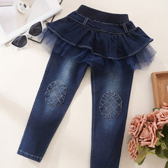 Girls Ruffled Tutu Knee Patch Jeans Kid Girls Casual Denim Pants