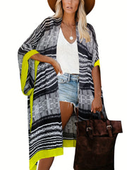 Stripes Print Side Split Tassel Cardigan Cover Up Boho Style Kimono Beach Coveru