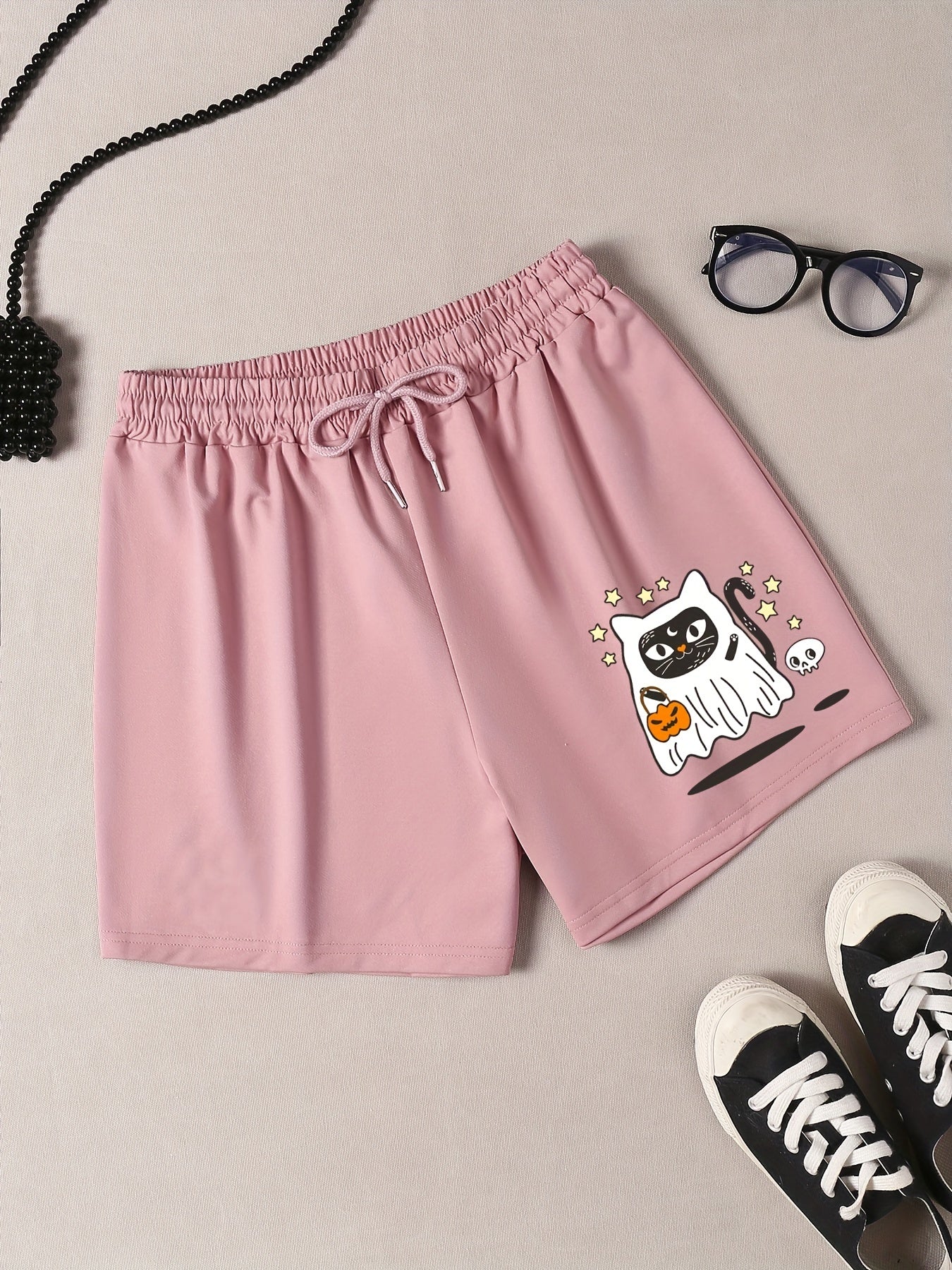 Halloween Lounge Shorts Women's Plus Cat Ghost & Pumpkin Print Tie Wai