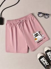 Halloween Lounge Shorts Women's Plus Cat Ghost & Pumpkin Print Tie Wai