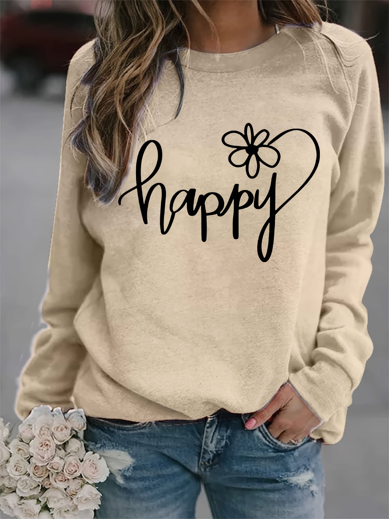 Happy Print Sweatshirt Crew Neck Women's Clothing