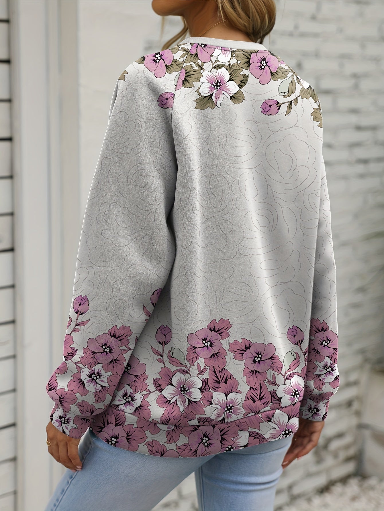 Skull & Floral Print Sweatshirt Crew Neck Women's Clothing