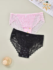 2 Pack Plus Size Panties Set Women's Plus Feather Lace Lemon Print