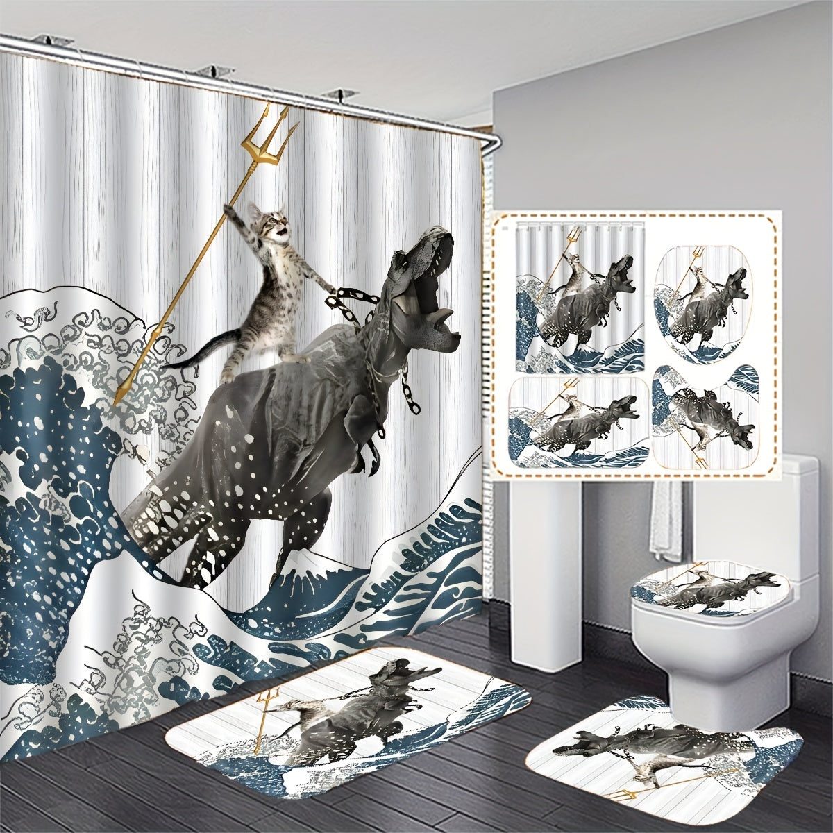 Funny Cat Bathroom Set Shower Curtain & Floor Mat
