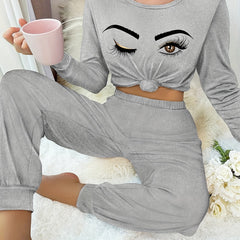 Eyelash Print Lounge Set Long Sleeve Crew Neck Top & Elastic Waistband Pants