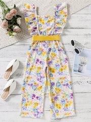Girls Floral Print Ruffle Sleeve Rompers Comfortable Jumpsuit