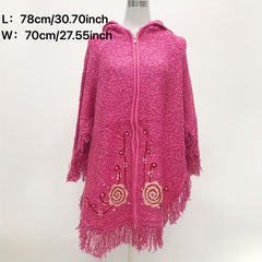 Vintage Flower Embroidery Shawl Zipper Hoodie Warm Cape