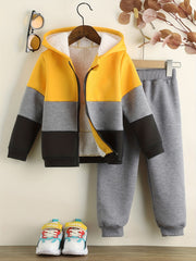 2pcs Boys Casual Block Long Sleeve Zip Up Sweatshirt & Sweatpants Sets