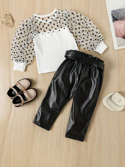 Girls Polka Dot Mesh Puff Sleeve Top & PU Leather Pant Set Spring Clothes