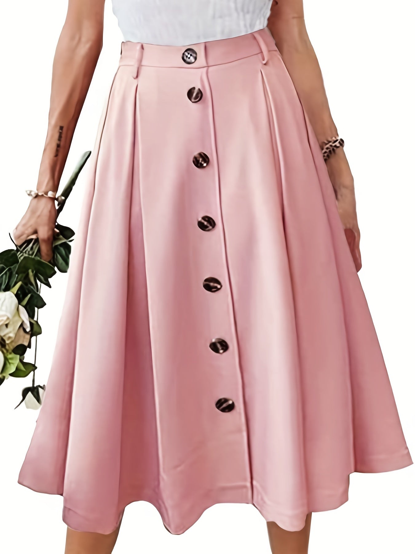 High Waist Button Front Casual Skirt