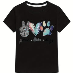 Boy's Peace Love Dogs Print T shirt Active Short Sleeves Tee Top