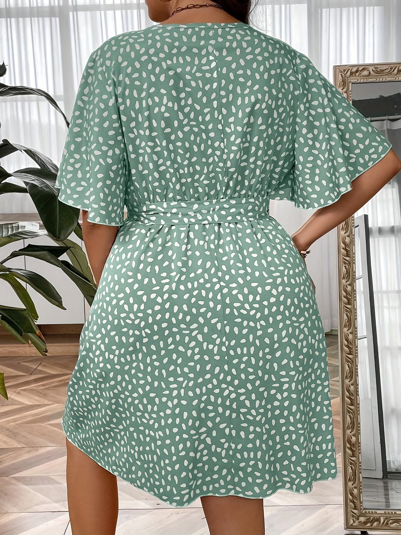 Ruffle Sleeve Surplice Neck Belted Knee Length Dress