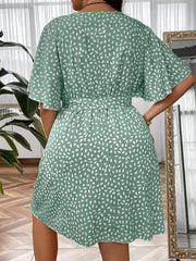 Ruffle Sleeve Surplice Neck Belted Knee Length Dress