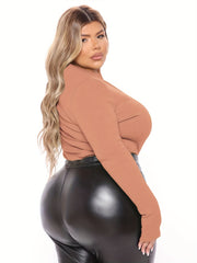 Sexy Bodysuit Ribbed Zipper Long Sleeve Round Neck Skinny