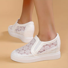Women's Lace Wedge Heeled Loafers Mesh Slip On Shoes