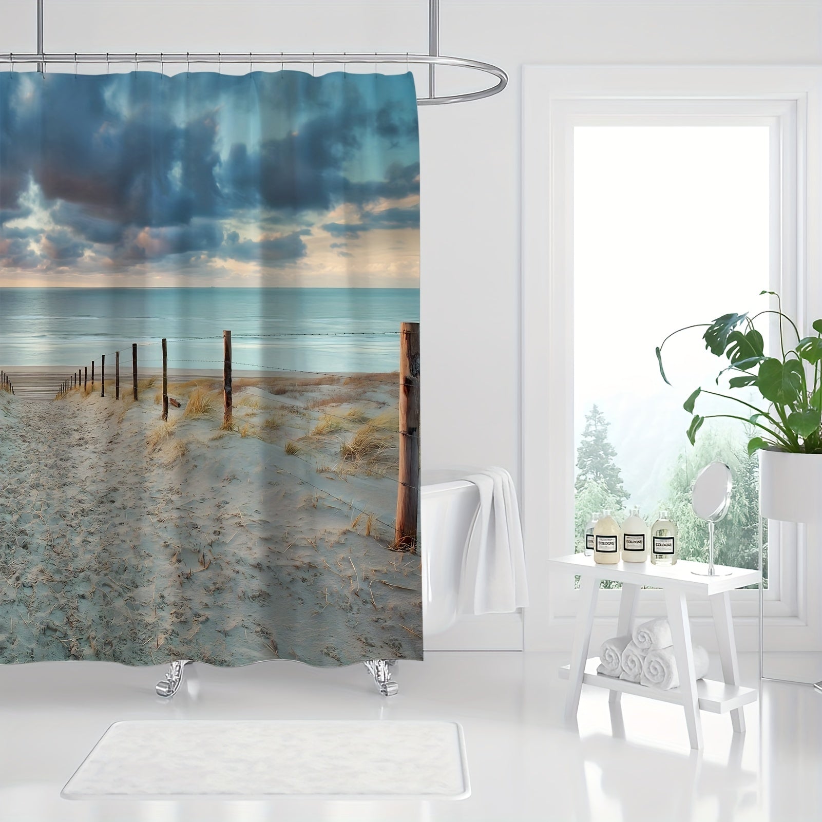 Extra Long Ocean Beach Shower Curtain with 12pcs Hooks