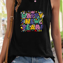 Geometric Print Sleeveless Sports Vest Round Neck Casual Tops