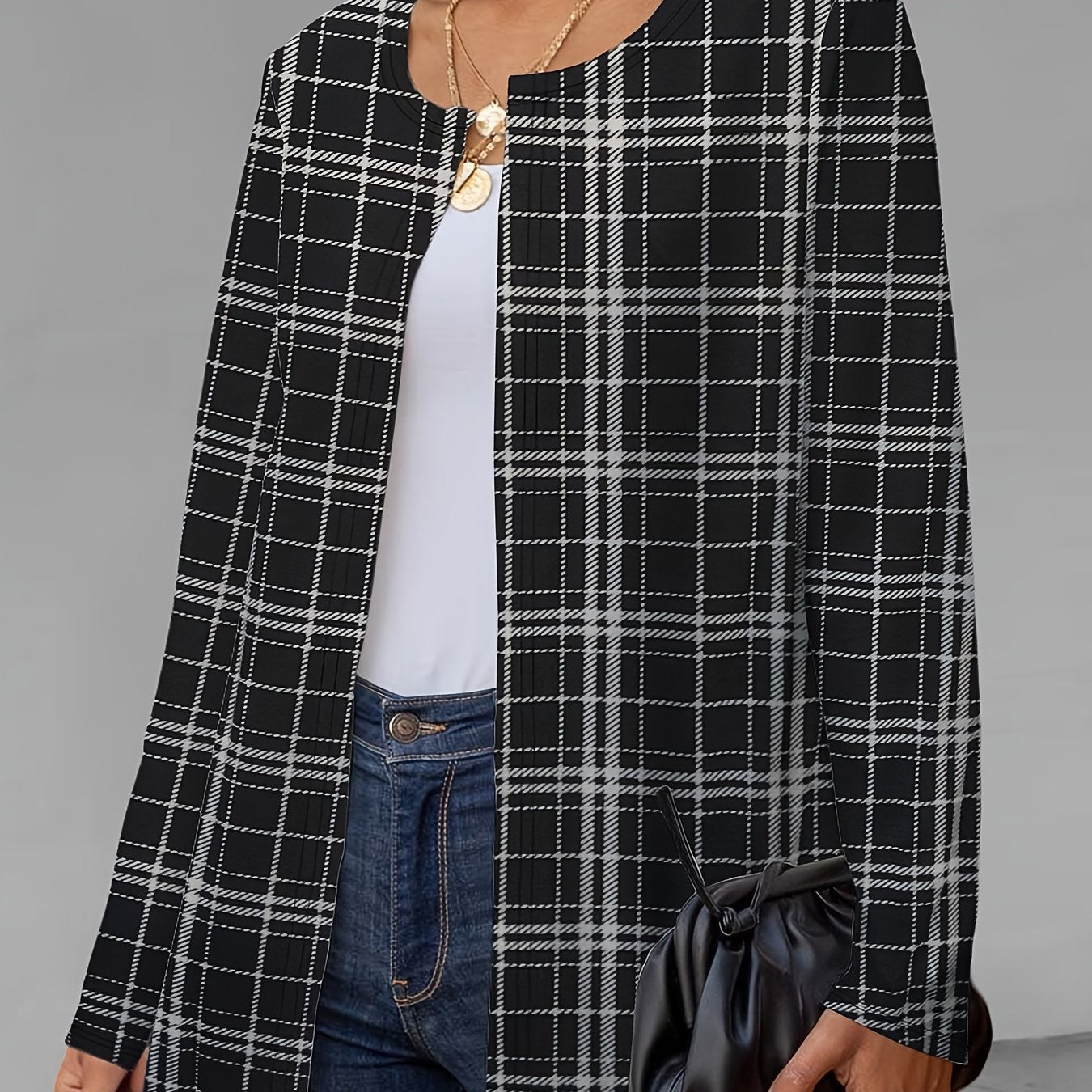 Plaid Print Open Front Jacket Crew Neck Long Sleeve Outerwear