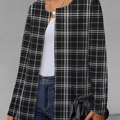 Plaid Print Open Front Jacket Long Sleeve Outerwear