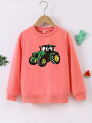 Cartoon Tractor Print Boys Casual Pullover Sweatshirt Long Sleeve Crew Neck Tops
