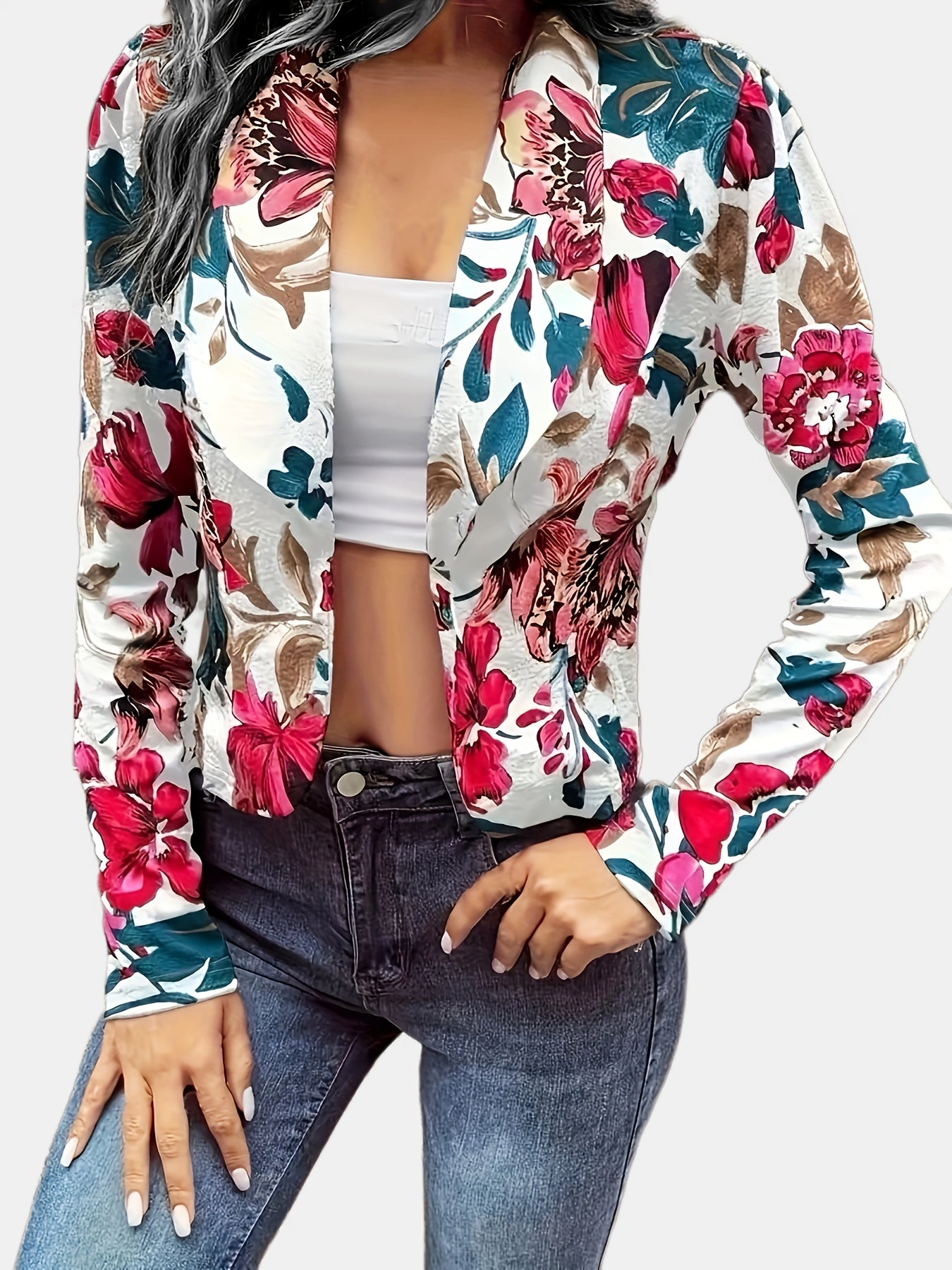 Floral Print Open Front Jacket for Spring & Fall