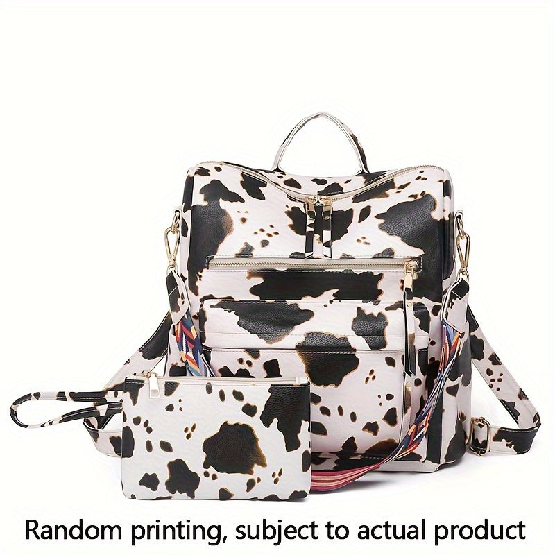 Retro Style PU Leather Backpack Set, Geometric Wide Strap, Work Travel Bag