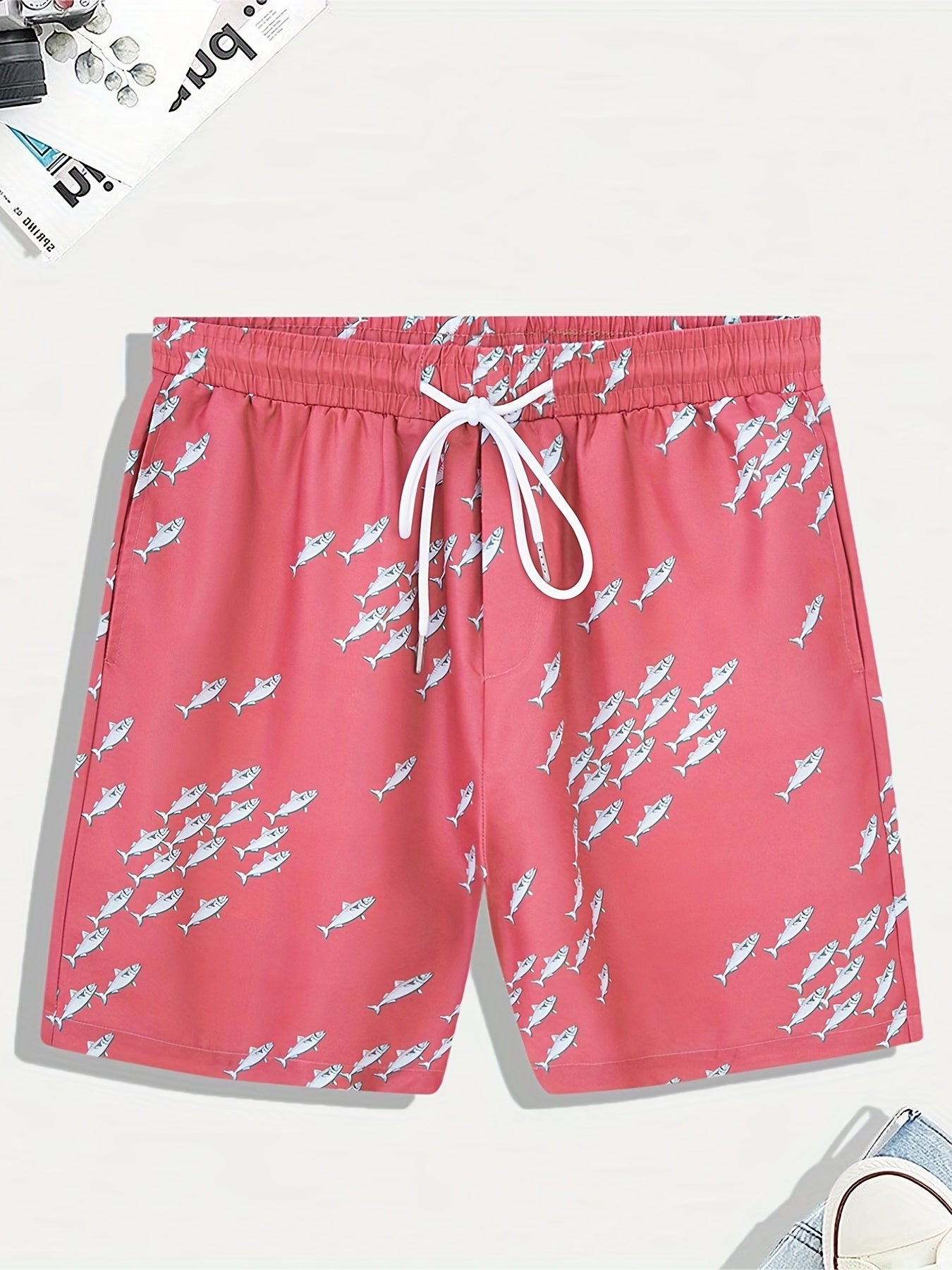 Men's Fish Graphic Drawstring Beach Shorts for Summer