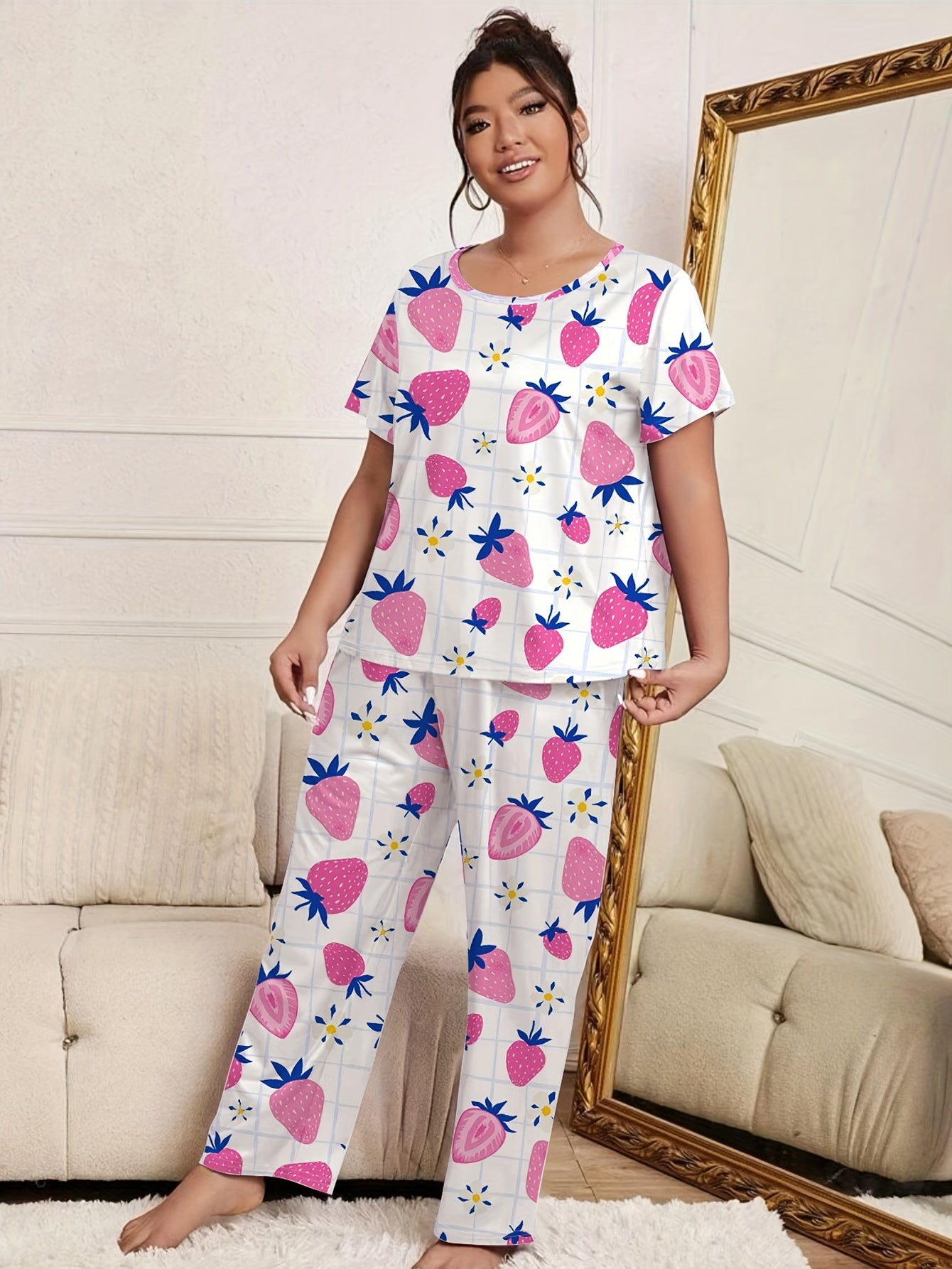 Strawberry & Flower Print Pajama Set Two Piece Loungewear